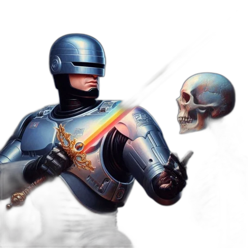 robot, sword, concept art, fantasy art, 3d render, comic book art, blue, metallic transparent PNG cut-out