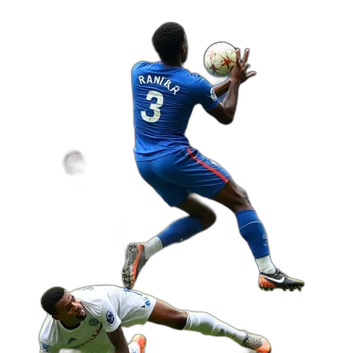 football, player, blue, uniform, leaping, into, air, catch transparent PNG cut-out