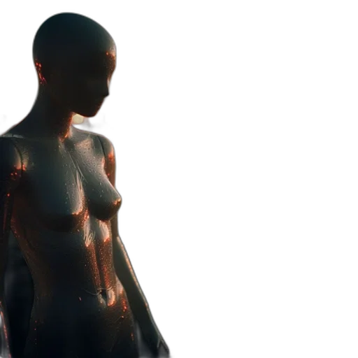 robot, dress, 3d render, concept art, cyberpunk, outer space, metallic, wet transparent PNG cut-out