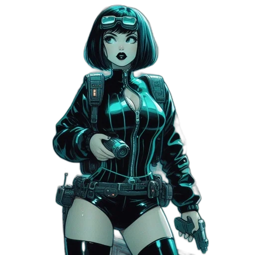 jacket, weapon, comic book art, concept art, cyberpunk, cartoon, green, female transparent PNG cut-out