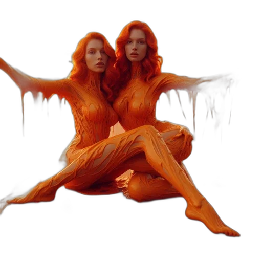 concept art, fantasy art, photorealistic, 3d render, fire, two, women, vivid transparent PNG cut-out