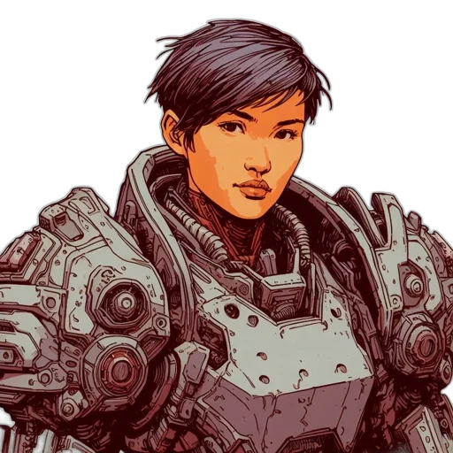 robot, face, weapon, comic book art, concept art, pixel art, fantasy art, armored transparent PNG cut-out