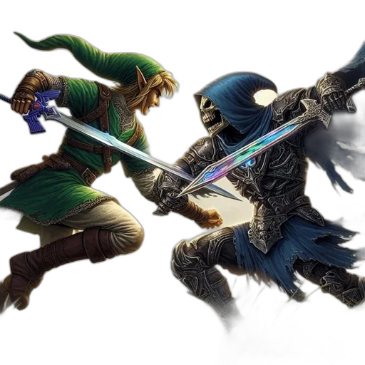 sword, concept art, fantasy art, green, blue, two, characters, one transparent PNG cut-out
