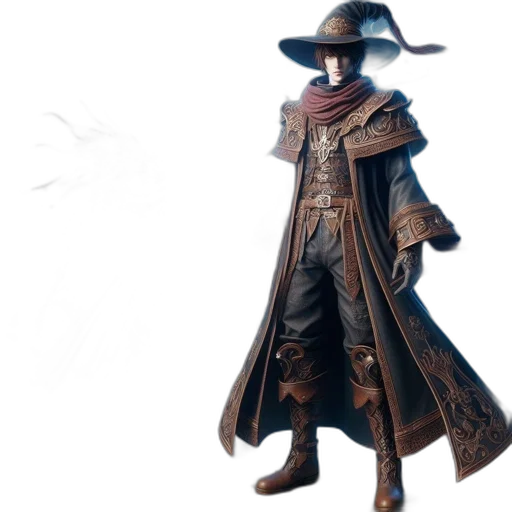 hat, jacket, staff, mask, concept art, fantasy art, 3d render, dark transparent PNG cut-out