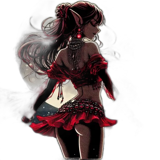 dress, mask, staff, concept art, fantasy art, anime, comic book art, red transparent PNG cut-out