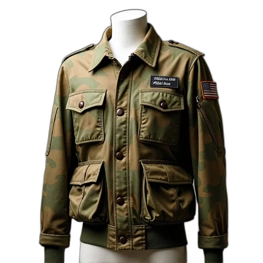 jacket, photorealistic, military-style, camouflage, pattern, displayed, mannequin, has transparent PNG cut-out