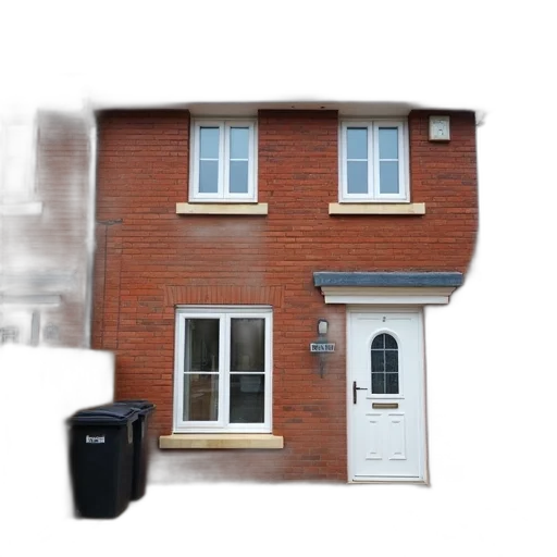 building, 3d render, photorealistic, two-story, brick, house, white, trim transparent PNG cut-out