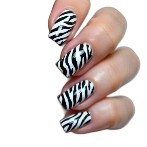 photorealistic, monochrome, how, zebra, print, nail, design, easy transparent PNG cut-out