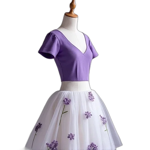 dress, 3d render, mannequin, dressed, purple, top, white, skirt transparent PNG cut-out