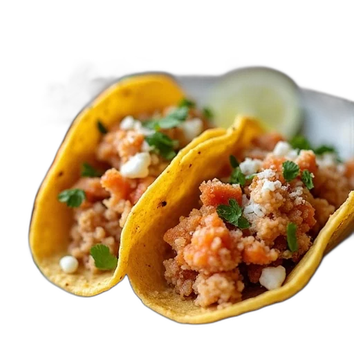 food, photorealistic, three, tacos, filled, crab, meat, sourkratch transparent PNG cut-out