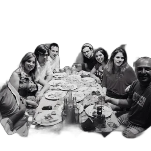 staff, food, photorealistic, group, friends, sit, around, table transparent PNG cut-out