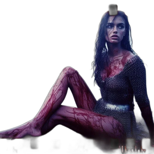 creature, concept art, comic book art, fantasy art, photorealistic, woman, chainmail, sits transparent PNG cut-out