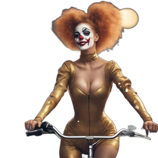 concept art, comic book art, fantasy art, woman, afro, clown, makeup, rides transparent PNG cut-out
