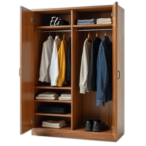 furniture, jacket, 3d render, wooden, wardrobe, rustic, texture, open transparent PNG cut-out
