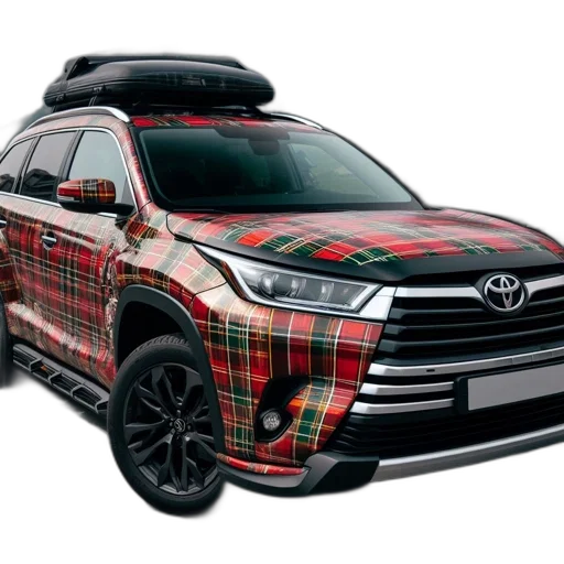 car, tartan-patterned, toyota, logo, parked, road, mountainous, backdrop transparent PNG cut-out