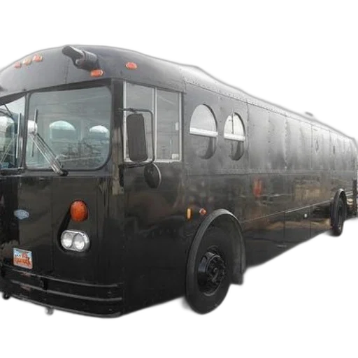 black, vintage-style, bus, round, windows, shiny, exterior, parked transparent PNG cut-out