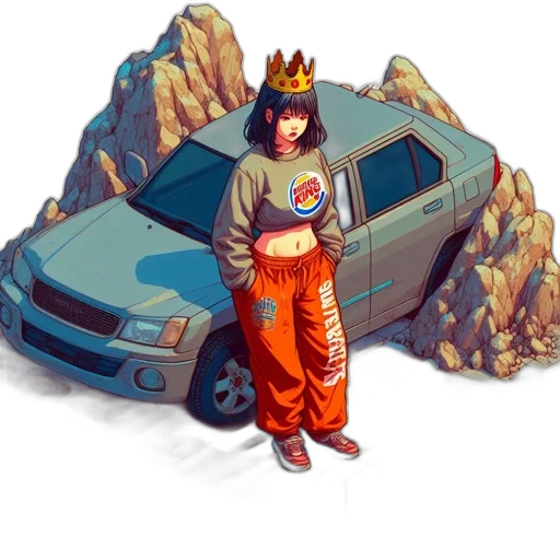 car, crown, robot, jewelry, concept art, pixel art, fantasy art, vaporwave transparent PNG cut-out
