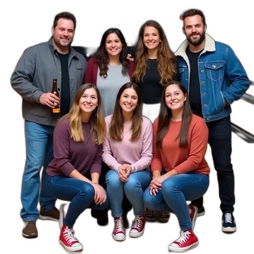 staff, jacket, furniture, weapon, group, friends, posing, photo transparent PNG cut-out