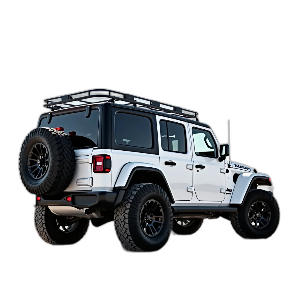 car, 3d render, photorealistic, white, jeep, parked, gravel, lot transparent PNG cut-out