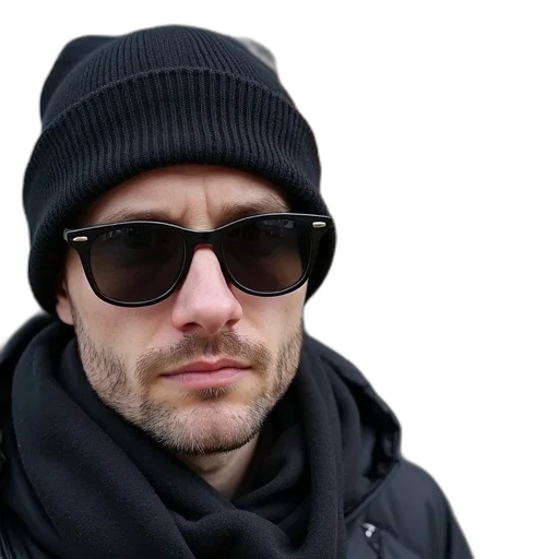jacket, hat, staff, face, 3d render, photorealistic, cyberpunk, close-up transparent PNG cut-out