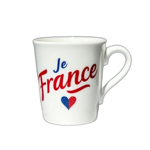 3d render, white, ceramic, mug, blue, red, heart, design transparent PNG cut-out