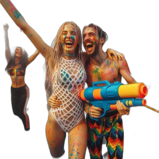 concept art, watercolor, 3d render, joyful, street, celebration, features, two transparent PNG cut-out