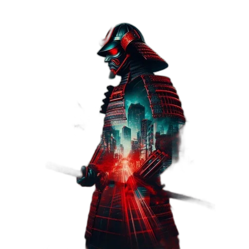 robot, sword, mask, jacket, cyberpunk, concept art, fantasy art, pixel art transparent PNG cut-out