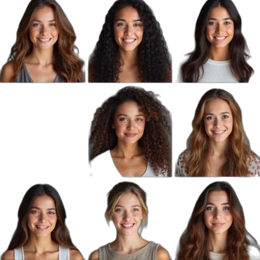 hair, face, crown, jewelry, photorealistic, earth tones, yearbook, picture transparent PNG cut-out
