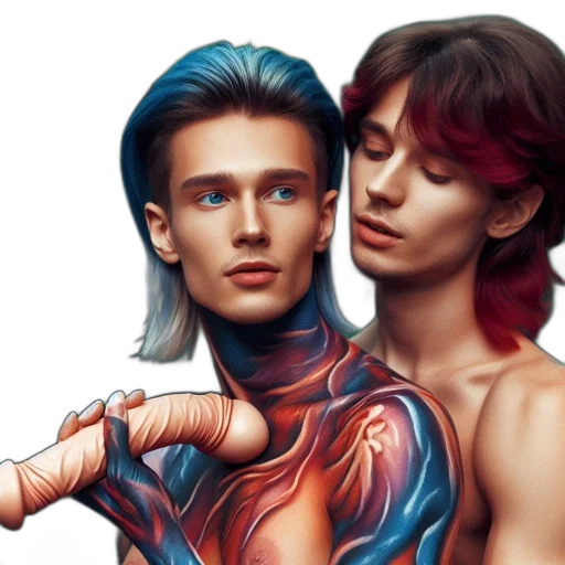hair, vaporwave, photorealistic, fantasy art, cyberpunk, neon lights, two, men transparent PNG cut-out