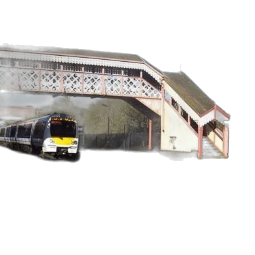 building, 3d render, photorealistic, concept art, modern, train, arrives, quaint transparent PNG cut-out