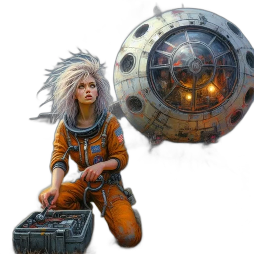 robot, weapon, concept art, fantasy art, comic book art, cyberpunk, outer space, orange-suited transparent PNG cut-out