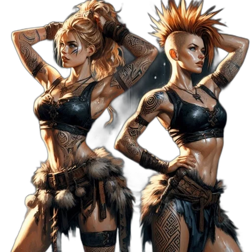 concept art, fantasy art, comic book art, cyberpunk, earth tones, two, female, warriors transparent PNG cut-out