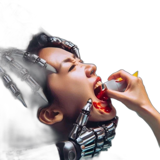 robot, face, weapon, food, cyberpunk, photorealistic, 3d render, concept art transparent PNG cut-out
