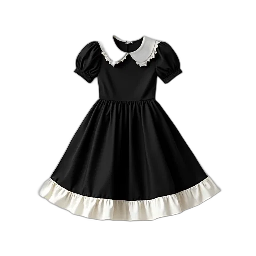dress, monochrome, black, white, collar, ruffled, hem, displayed transparent PNG cut-out