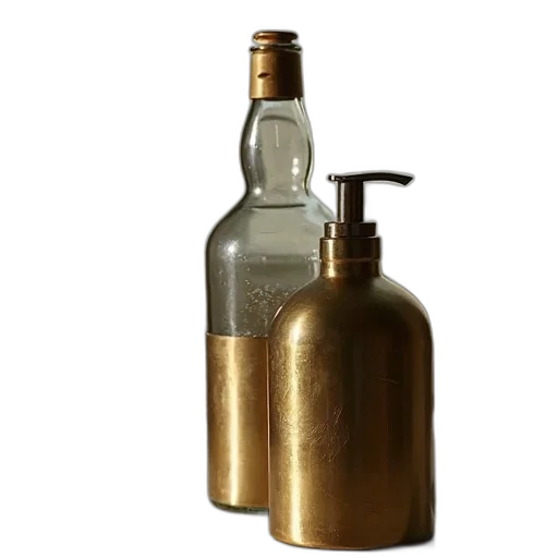 bottle, crown, weapon, 3d render, photorealistic, golden, open, brass transparent PNG cut-out