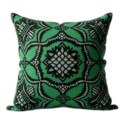 green, close-up, black, patterned, pillow, intricate, designs, placed transparent PNG cut-out