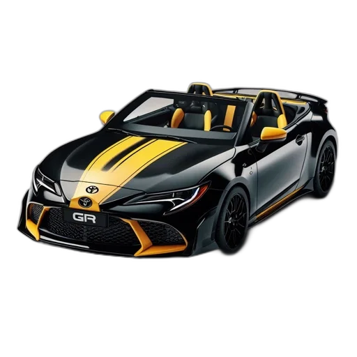 car, 3d render, photorealistic, concept art, sleek, yellow-accented, toyota, shown transparent PNG cut-out