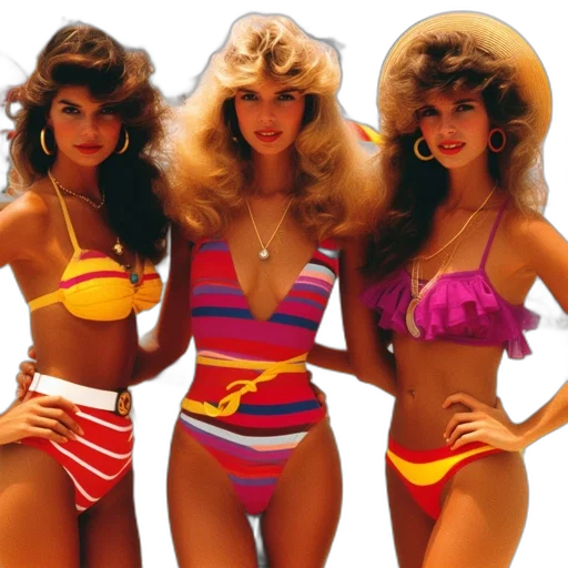 hair, neon, three, women, adorned, vivid, swimwear, 80s transparent PNG cut-out