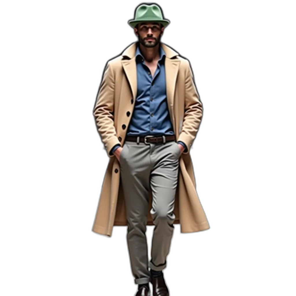 jacket, hat, staff, concept art, photorealistic, earth tones, green, dark transparent PNG cut-out