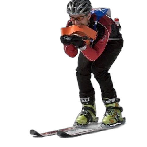 robot, skier, red, jacket, black, pants, bent, over transparent PNG cut-out