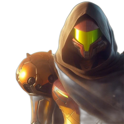 robot, mask, weapon, concept art, fantasy art, 3d render, pixel art, golden transparent PNG cut-out