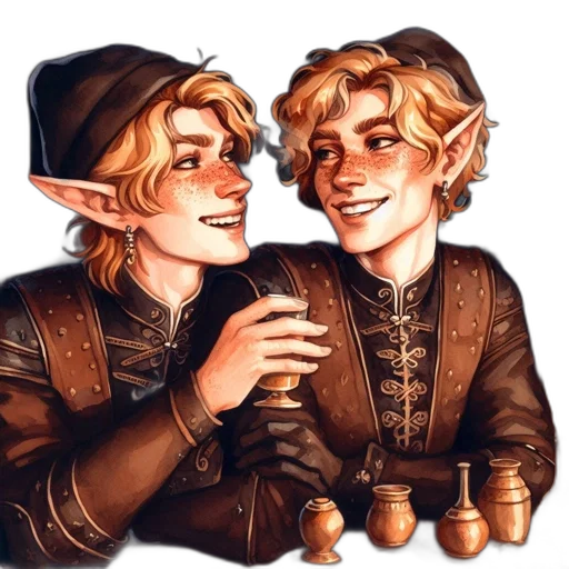 fantasy art, concept art, watercolor, pixel art, two, elfin, characters, dark transparent PNG cut-out