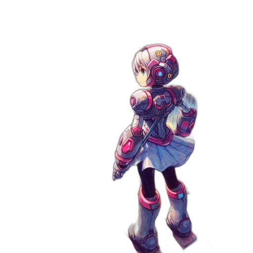 robot, weapon, jacket, dress, concept art, pixel art, 3d render, watercolor transparent PNG cut-out