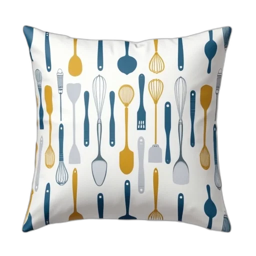 blue, white, pillow, pattern, various, kitchen, utensils, such transparent PNG cut-out