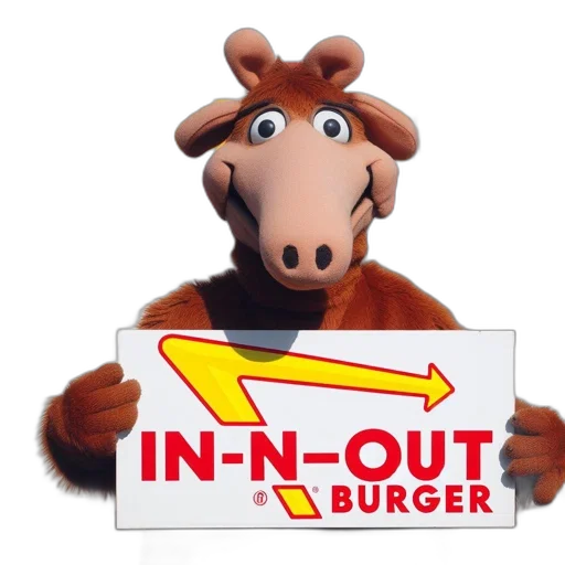 food, animal, anthropomorphic, brown, mascot, holds, sign, in-n-out transparent PNG cut-out