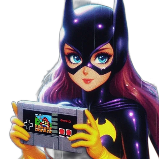 pixel art, concept art, comic book art, cyberpunk, dark, colorful, monochrome, batgirl transparent PNG cut-out