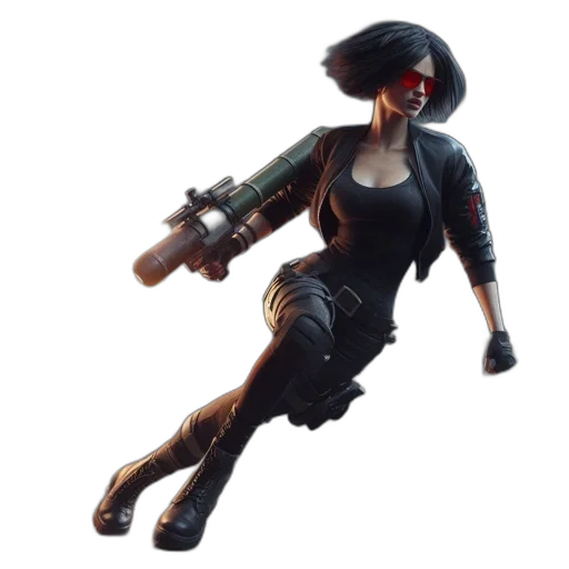 weapon, jacket, staff, hat, concept art, 3d render, cyberpunk, pixel art transparent PNG cut-out