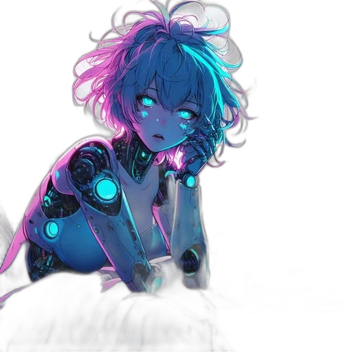 robot, creature, dress, hair, cyberpunk, watercolor, concept art, anime transparent PNG cut-out