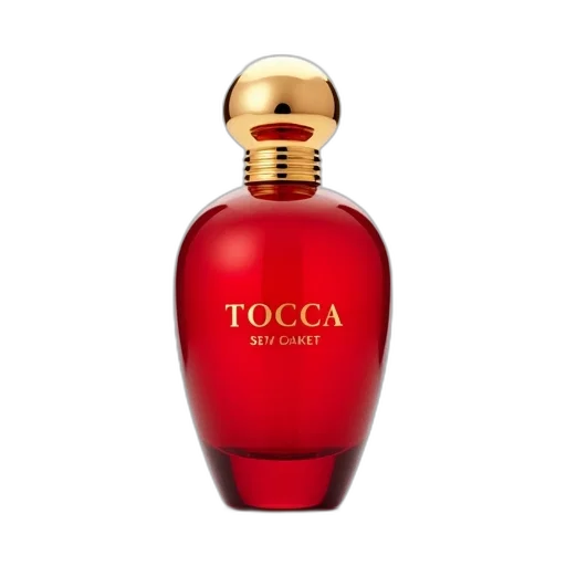 bottle, close-up, image, red, perfume, golden, cap, has transparent PNG cut-out