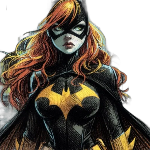 comic book art, concept art, female, character, batman-inspired, costume, orange, hair transparent PNG cut-out
